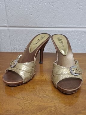 Personal Identity Gold Textured with Rhinestone Buckle Wooden Heel Slides 6.5